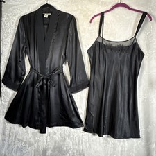 Vintage 90s Black Satin Nightgown  Robe Sheer Yoke Morgan Taylor Intimates