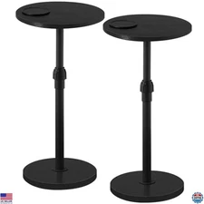 Set of 2 Adjustable Height Round Side Tables with LED Light & Cup Mat - Black