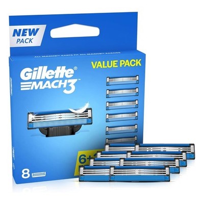 Gillette Mach 3 Razor Blade Refils 8 pack Precise Triple Blade+Lubrication Gel