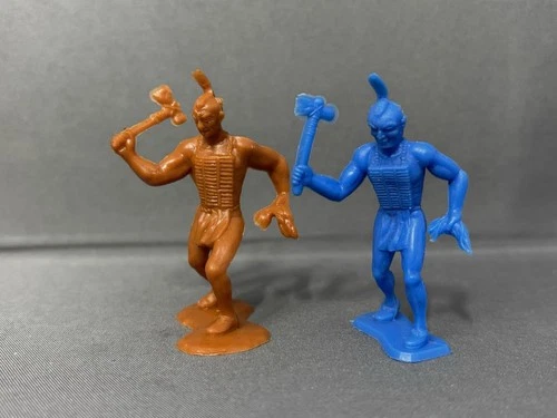 Lot Of 2 Vintage Marx 1970s Indian Plastic Figure with scalp Blue And Brown