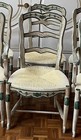 Set of 6 Vintage Wood Chairs w/ Arms, Cream/Green Upholstered Seats French Style — photo 2