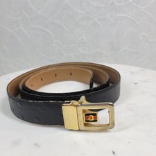 Vintage Mens Belt 36/90 Black Genuine Leather Ostrich Gold Box Frame Buckle
