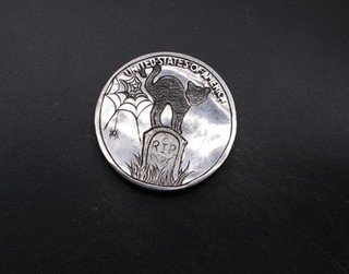 Cat on Gravestone & Spider Web – Halloween Buffalo Nickel Hand Carved Coin🐈‍⬛