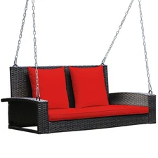 Costway 2-Person Patio Rattan Hanging Porch Swing Bench Chair Cushion Red
