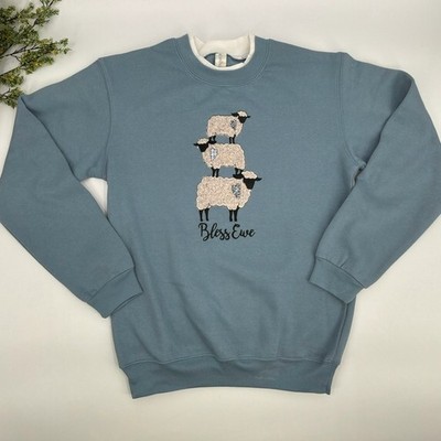 Bless Ewe Funny Embroidered Blue Crewneck Sweatshirt Size S