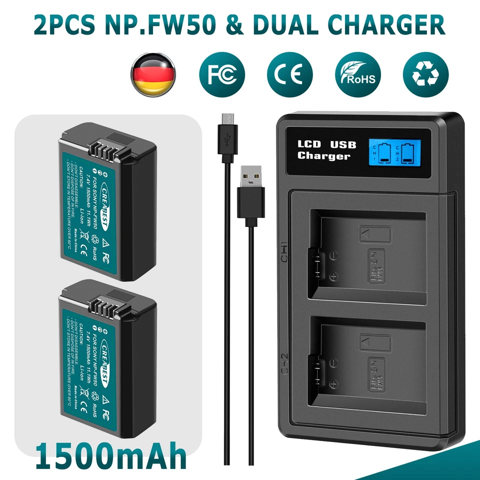 CREABEST 2× NP-FW50 Akku & Ladegerät Für Sony Alpha a5100 a6500 a6400 SLT-A NEX 3 5 7 A55