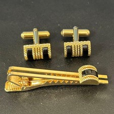 Onyx Natural Stone Golden Black Tie Pin Cufflinks Set Near Mint No Box USED K