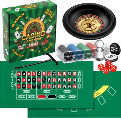 Casino Night 4 in 1 Complete Game Set, 2 Double Sided Felts Layout Mat, 10'' Roul