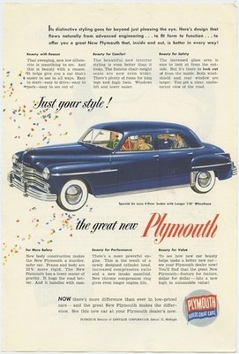 Plymouth Just Your Style Beauty For Comfort and Safety 1949 Vintage Ad 