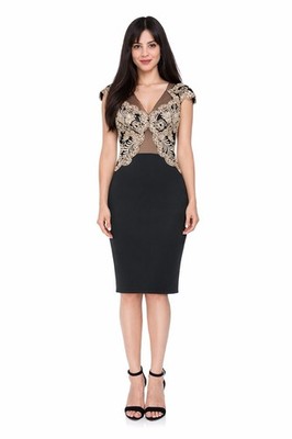 Tadashi Shoji Sabrina black gold embroidered sheath dress size 4 formal  wedding | eBay
