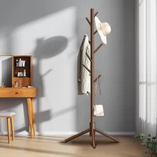 Wooden Coat Rack Free Standing w/ 8 Hooks 3 Heights for Clothes Hats Bags Brown