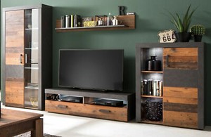 Wohnwand Old Wood Design Und Grau Wohnzimmer Schrankwand 340 Cm Indy Beleuchtung Ebay