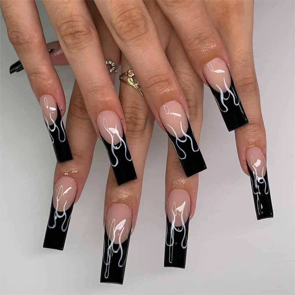 Coffin False Nails Black Flame Long Press on Nails for Women Nail Art 24pcs  | eBay