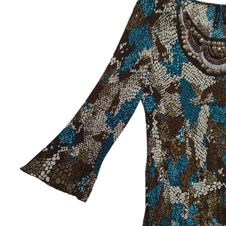 New Directions Womens Multicolor Beaded Crinkle Scoop Neck Blouse Top