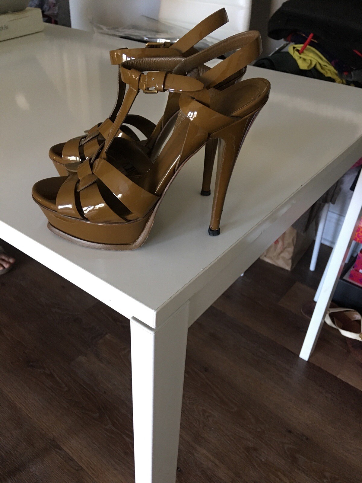 SCARPE CON TACCO YSL YVES SAINT LAURENT TRIBUTE 105 VERNICE PELLE MARRONE CHIARO TAGLIA IT 36 US 6
