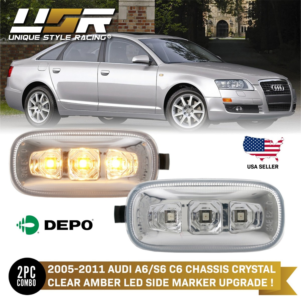DEPO Clear Amber LED Fender Side Marker Light For Audi A4 S4 B6 B7