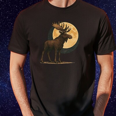 Mens Moose Moon Print Cotton T-Shirt Size XS to 5XL