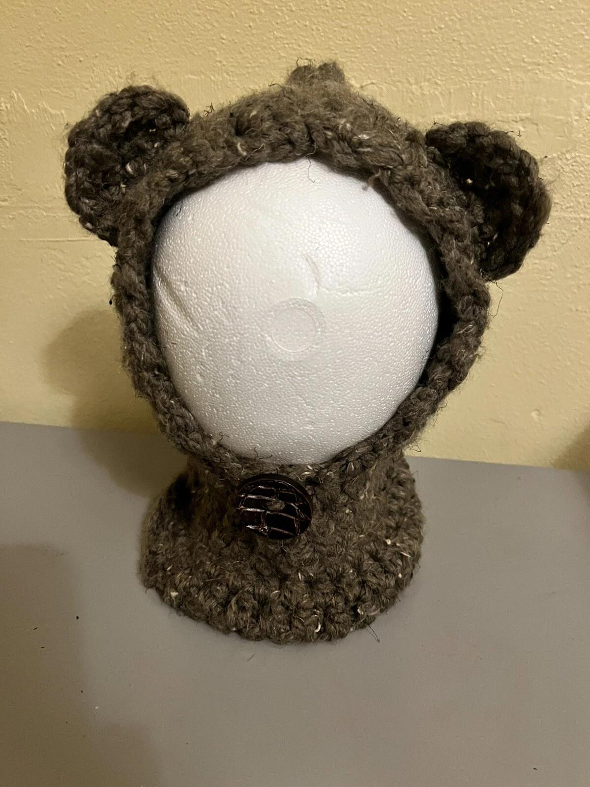 Baby Toddler Hand Knit Bear Hood Cap W/ears Soft Brown Acrylic Lg Button