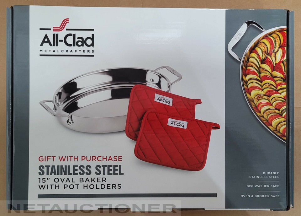 ALL-CLAD Stainless Steel 15" Oval Baker/Roaster & 2 Pot Holders for