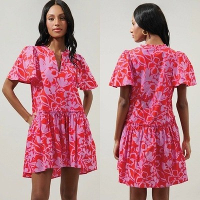 SUGARLIPS Marida Garnet Floral Rock A By Trapeze Mini Dress Pink-Red Women's XS