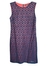 Tahari Petites Blue Lace Overlay Orange Lined Sleeveless Sheath Dress Size 8P