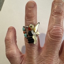 Sterling silver Hummingbird Inlay Turquoise Coral MOP Ring & Turquoise, Sz 5.75