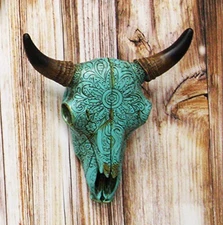 Ebros 10" Steer Bison Buffalo Cow Skull Turquoise Floral Lace Wall Decor Plaque