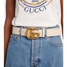 Gucci Leather Double G Marmont Gold Buckle Logo Leather Belt White