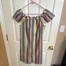 Women’s J.CREW Off Shoulder Striped Shift Dress Ruffle Cotton Short Size 2