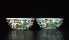 5.5" China Old Antique Ming Chenghua Mark Porcelain Doucai Phoenix A Pair Bowls