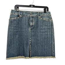VTG Ralph Lauren Denim Mini Skirt Size 10 Blue Southwestern Y2K Slit Fringe Hem