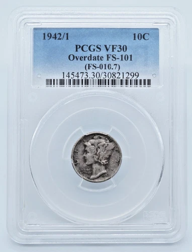 1942/1 Mercury Silver 10c Dime PCGS VF30 Overdate FS-101 (FS-010.7) - T080