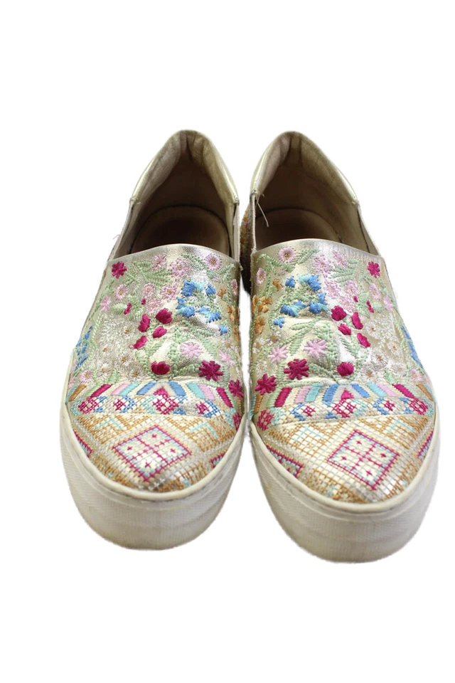 Johnny Was Womens Slip On Metallic Floral Embroidered Sneakers Gold Leather 37 - Image 2 of 4