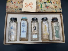 Samuel Callet Nursery Rhyme 1950s Glass Baby Bottles Set of 5 In Original Box