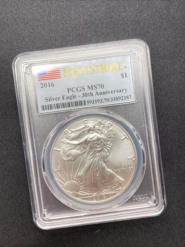 2016 Ms70 Silver Eagle PCGS 1oz Fine First Strike 30th Anniv Spots Toned