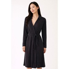 Quince Women Black 100% Silk Jersey Long Sleeve Wrap Midi Dress XL