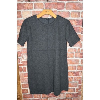 Zara Basic Dress Womens Medium Gray Knit Short Sleeve Mini Shift Crew Neck Seam