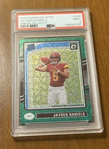 JAYDEN DANIELS 2024 DONRUSS OPTIC RATED ROOKIE GREEN VELOCITY PSA 9 COMMANDERS
