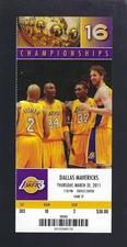2011 NBA MAVERICKS @ LOS ANGELES LAKERS FULL TICKET - KOBE BRYANT - MARCH 31
