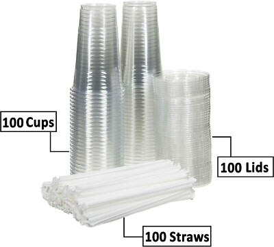 #ad 100 pcs Clear 16oz Disposable Cups with Flat Lids and StrawsTogo Disposable $31.99