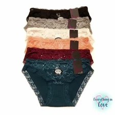 6 Pack Women Lace Front Stones Comfortable Stretch Cotton Bikini No show panty 