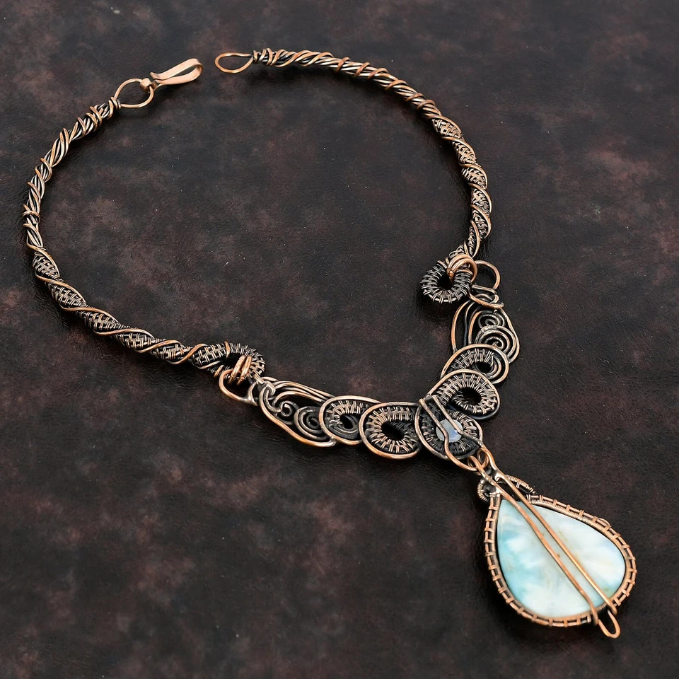 Joyería de piedras preciosas Larimar regalo de cobre para mamá collar de cadena envuelto en alambre 18,0" Foto 4 de 4