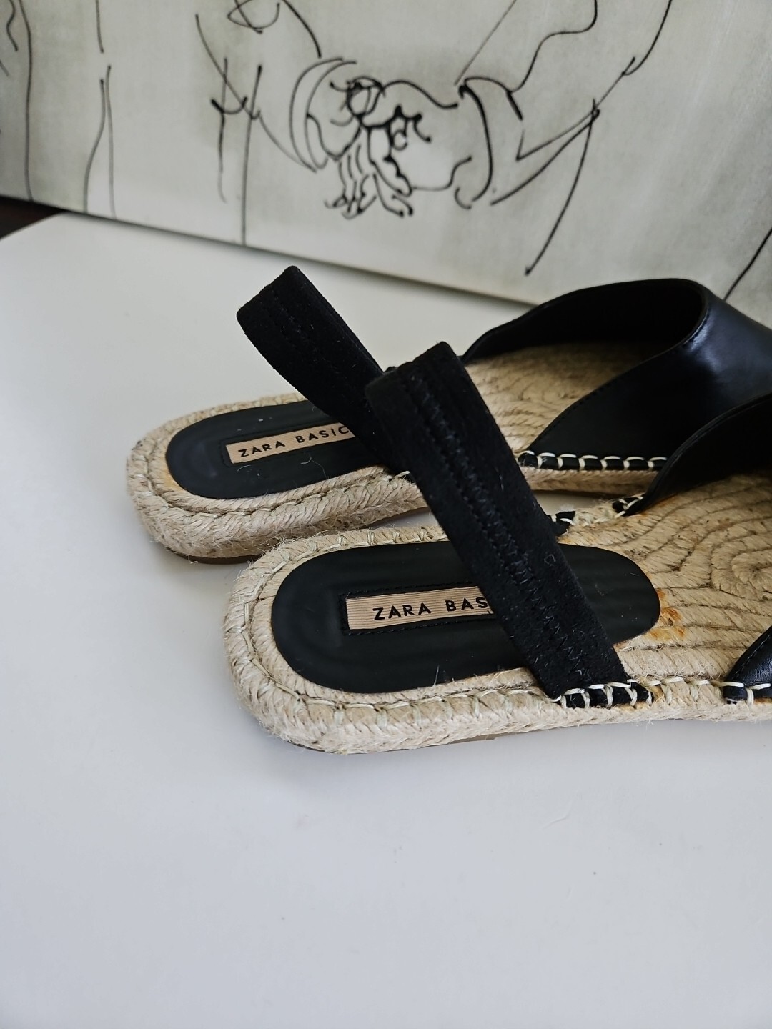 Zara Basic Black Flat Straw Woven Braided Sole El… - image 5