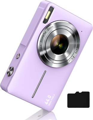 Compact 1080P Kids Digital  Camera with 44MP, 16X Zoom, 32GB Memory Card,Purple 