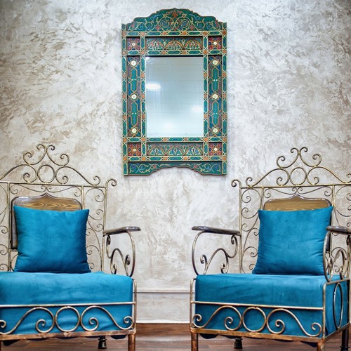 Black Moroccan Farmhouse Wooden Hand-painted Hanging Mirror Frame 39" x 24" - Picture 4 of 10