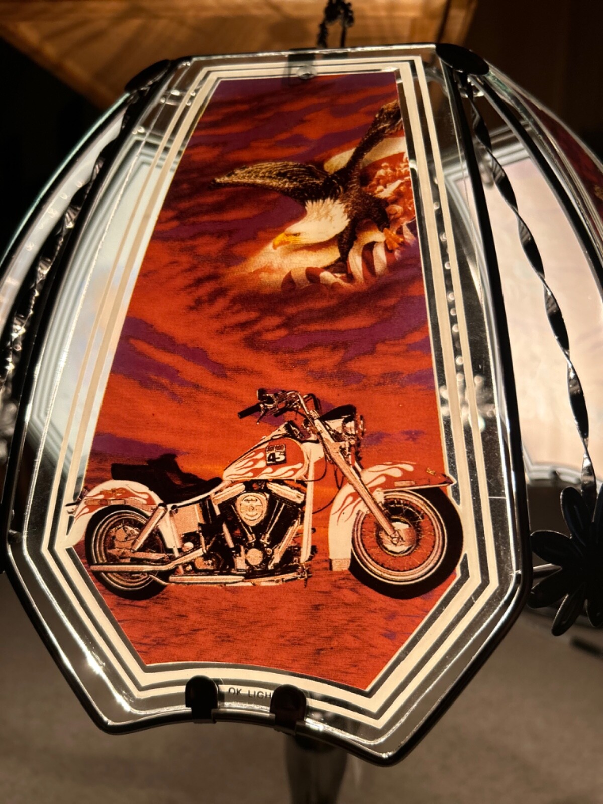 Vintage OK lighting Touch lamp Glass Panels & Shade Motorcycle Eagle USA NEW