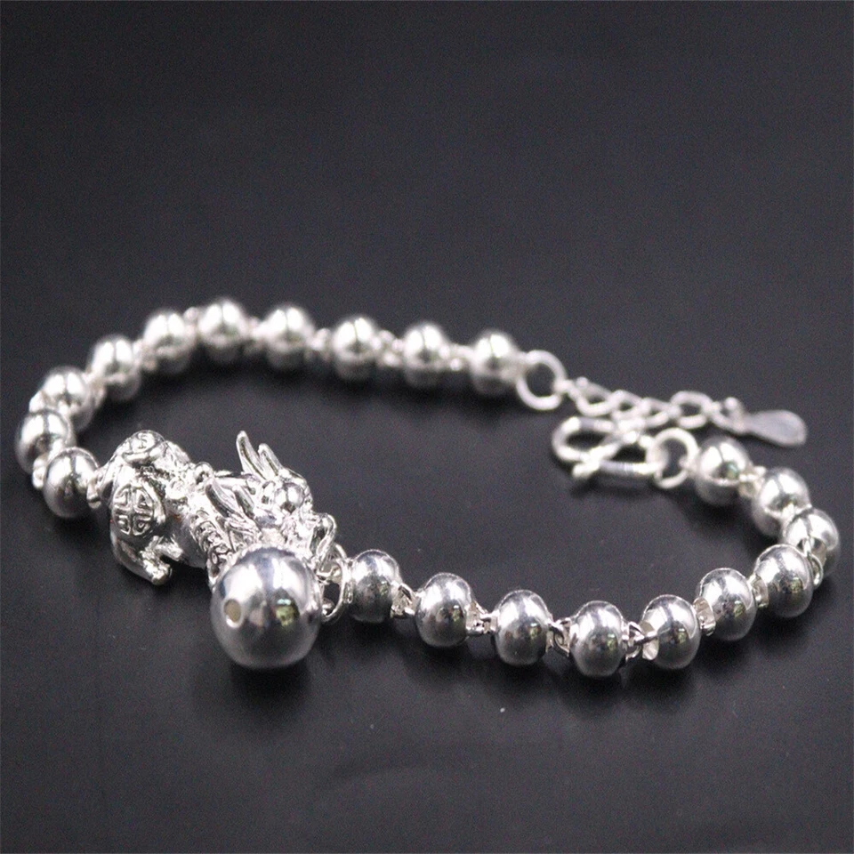 S999 Fine Silver 999 Chain Lucky Pixiu Beads Link Ball Bracelet 12.5g 7.7inch - Image 2 of 4