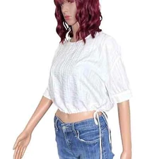 Zara Boxy Pullover Top Womens Medium Bright White Cropped Drawstring Hemline