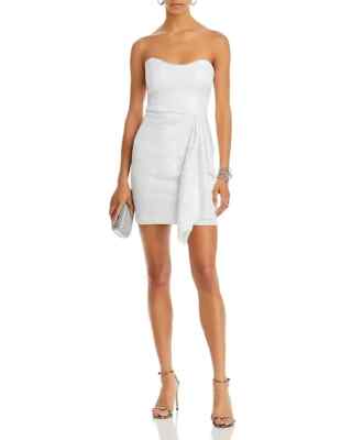 $278 AQUA Strapless Sequined Sheath Dress, White/Silver, 8