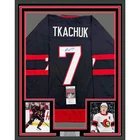 Framed Autographed/Signed Brady Tkachuk 35x39 Ottawa Black Hockey Jersey JSA COA